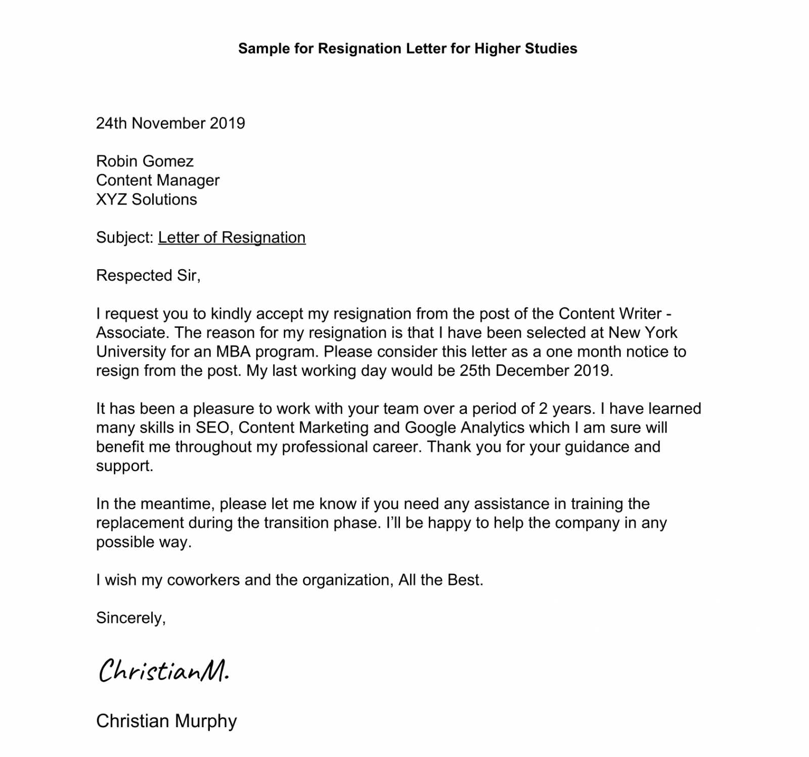 job resignation letter due to higher education