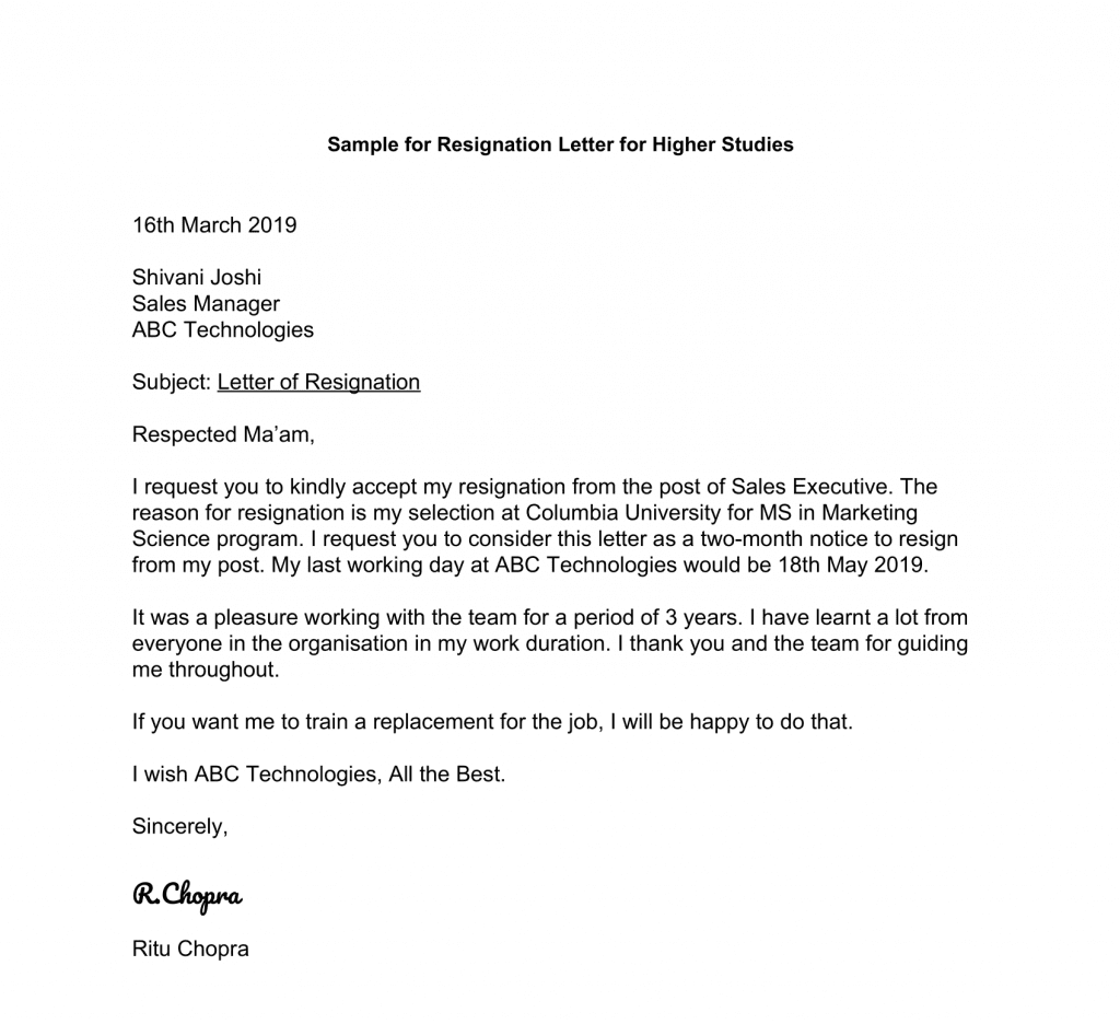 job resignation letter due to higher education