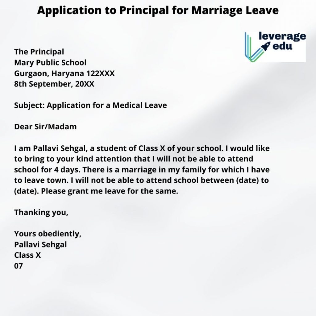 write an application to your principal for marriage leave