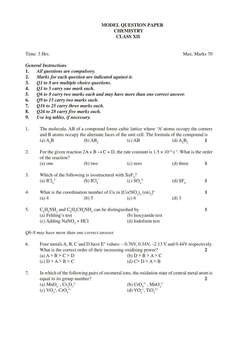 Chemistry Previous Year Question Paper Class 12 - Leverage Edu