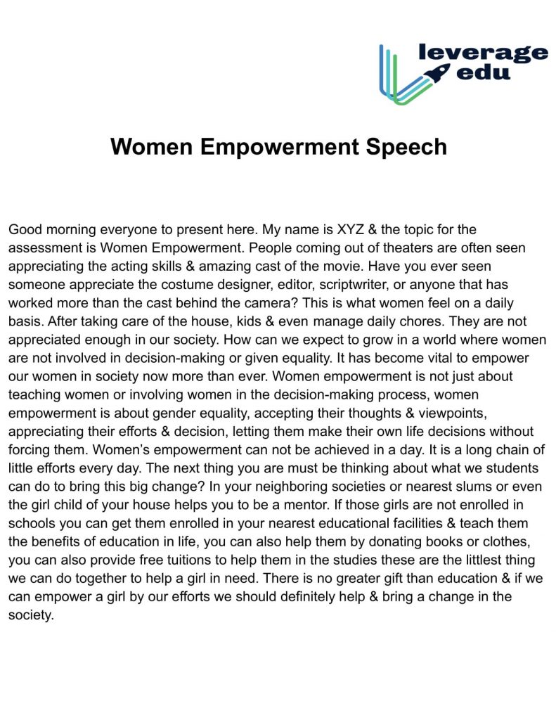 short speech on women's empowerment in 200 words