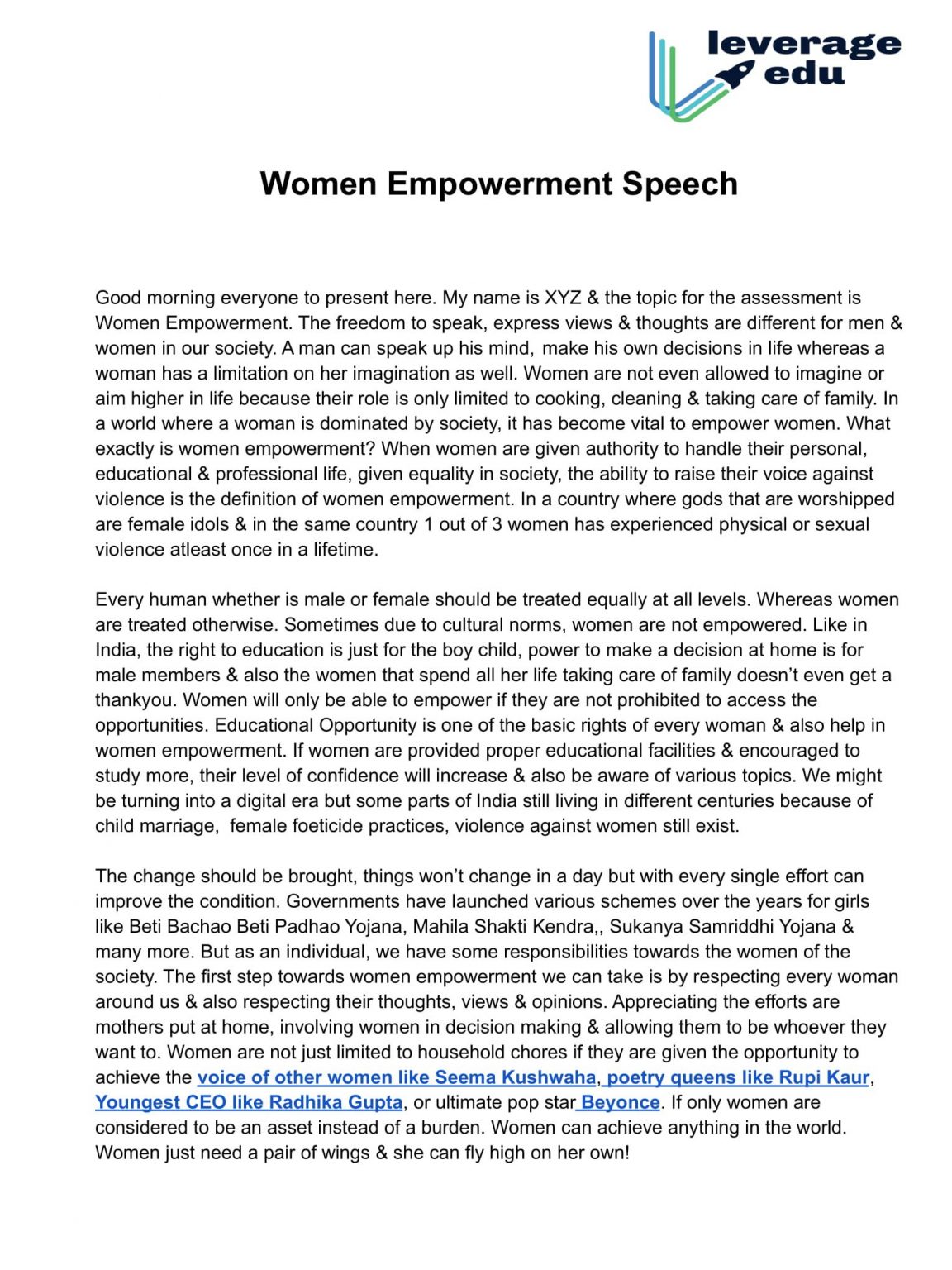 speech on women's empowerment in 200 words in english