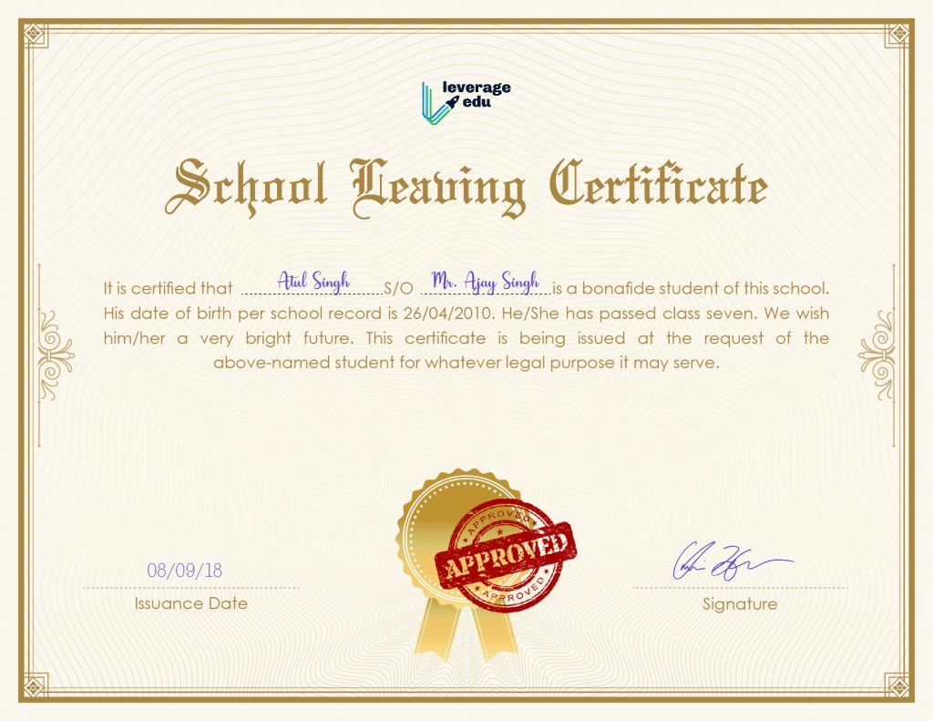 School Leaving Certificate: Format and Sample - Leverage Edu For Leaving Certificate Template