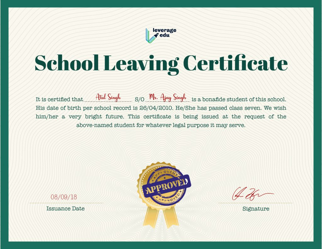 School Leaving Certificate: Format and Sample - Leverage Edu With Regard To Leaving Certificate Template