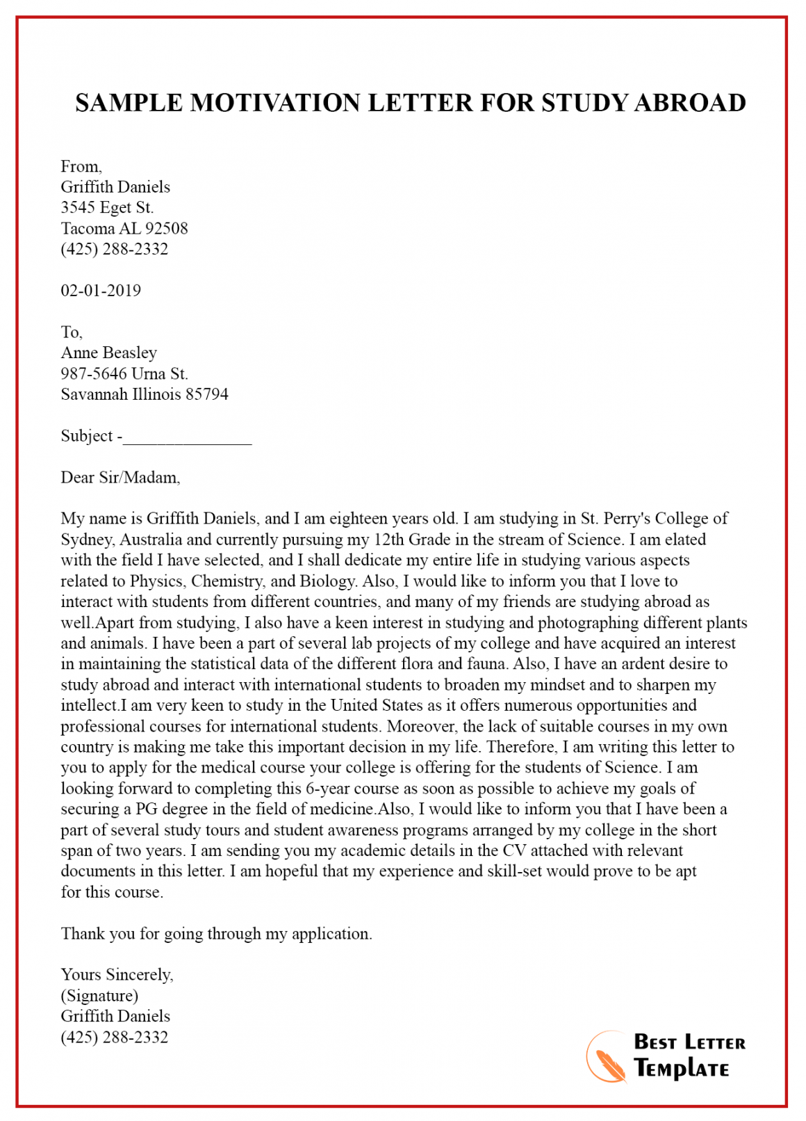 sample letter to future employer